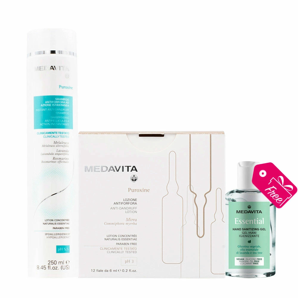 Medavita Puroxine Shampooing Antipelliculaire 250ml E Ampoules 12x6ml Gel Désinfectant 100ml Gratuit